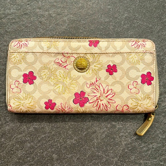 Vintage Coach Gold and Pink Flower Wallet - Picture 1 of 6